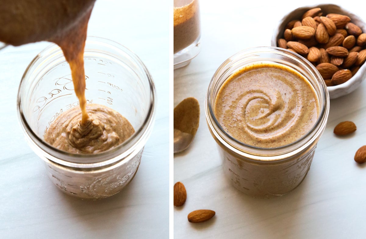 almond butter poured into a glass mason jar.