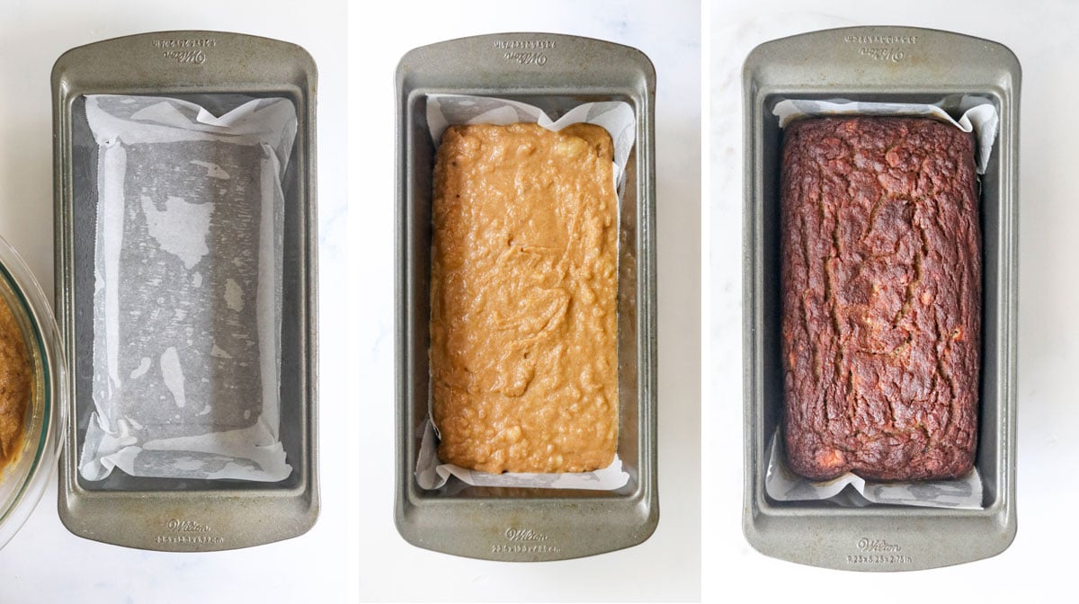 loaf pan with parchment paper and before and after of the baked bread