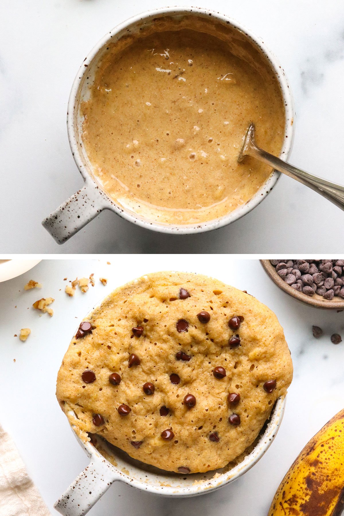 mug cake batter before and after baking.