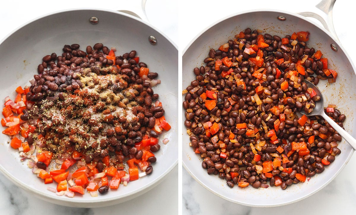 black beans sauteed with spices and veggies in gray skillet.