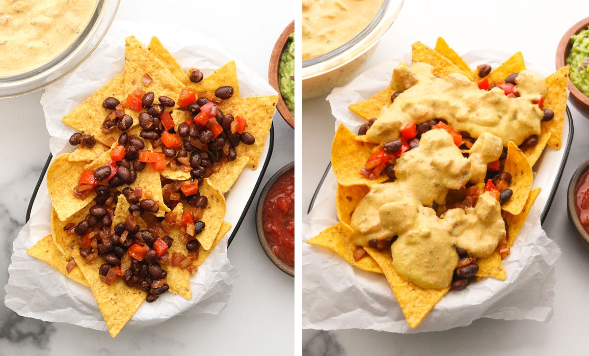 tortilla chips topped with beans and queso.