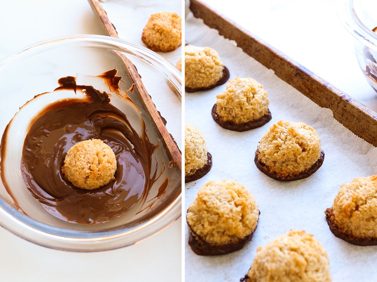 macaroons dipped in chocolate and added to pan to cool.