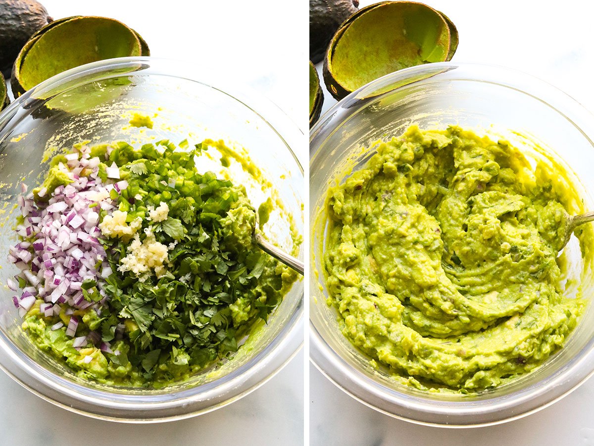 guacamole ingredients mixed together and stirred with a fork.