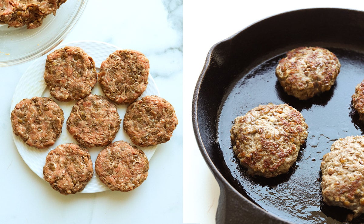 sliders formed on a plate and cooked in a cast iron skillet.