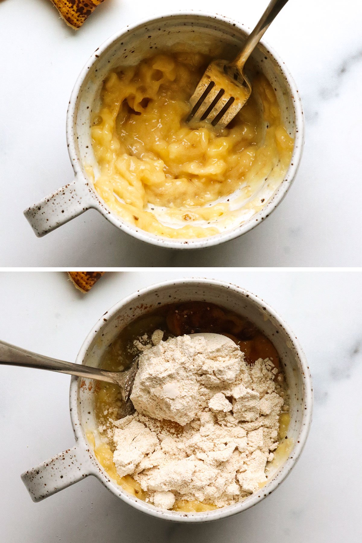 banana mashed in a large mug with flour added in.