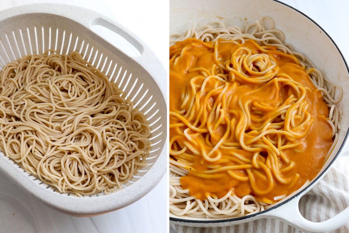 cooked pasta combined with pumpkin pasta sauce in skillet