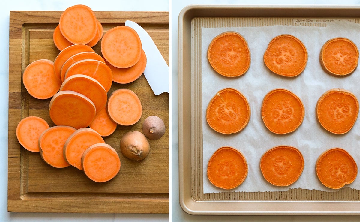 sweet potatoes sliced and roasted on baking sheet.