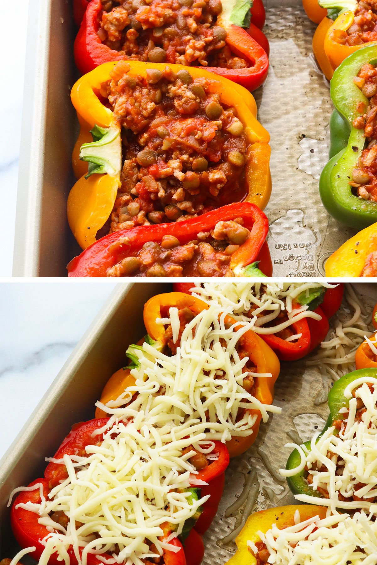 bell pepper filled with cooked ground turkey and topped with mozzarella cheese.