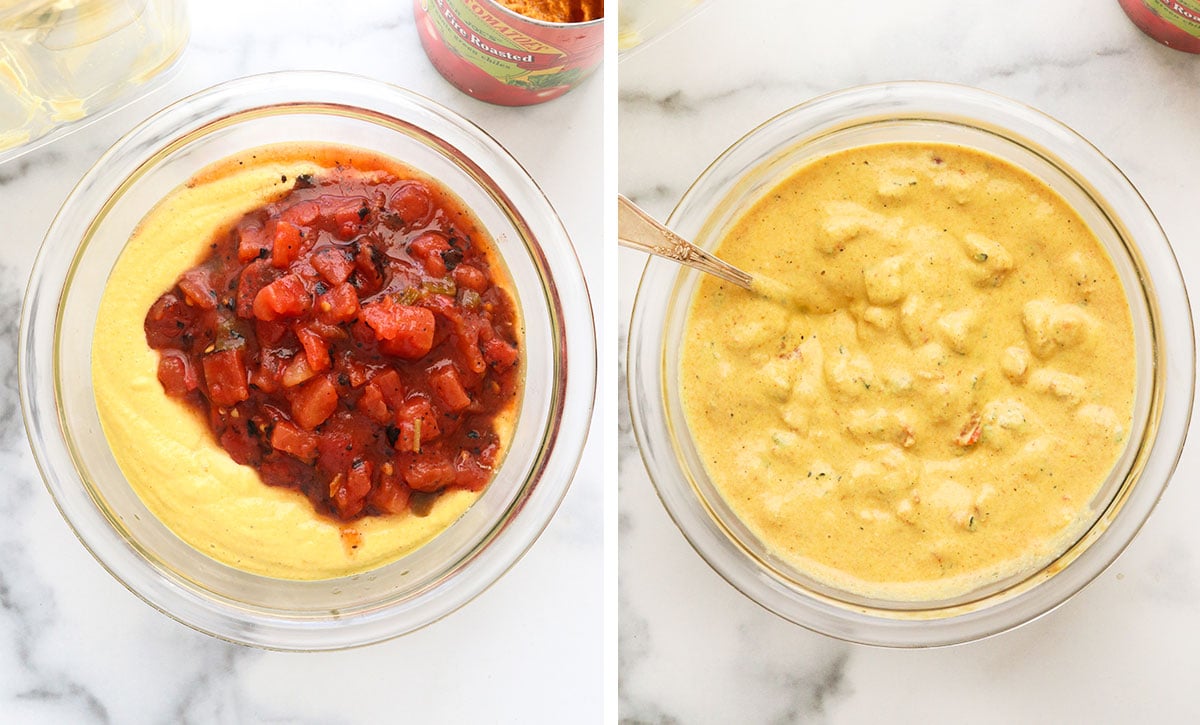 diced tomatoes stirred into a bowl of cashew queso.